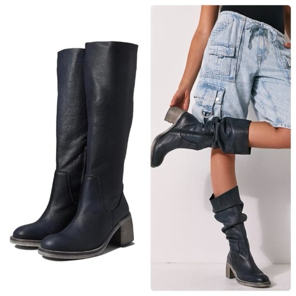 Free People Black essential tall leather slouch boot